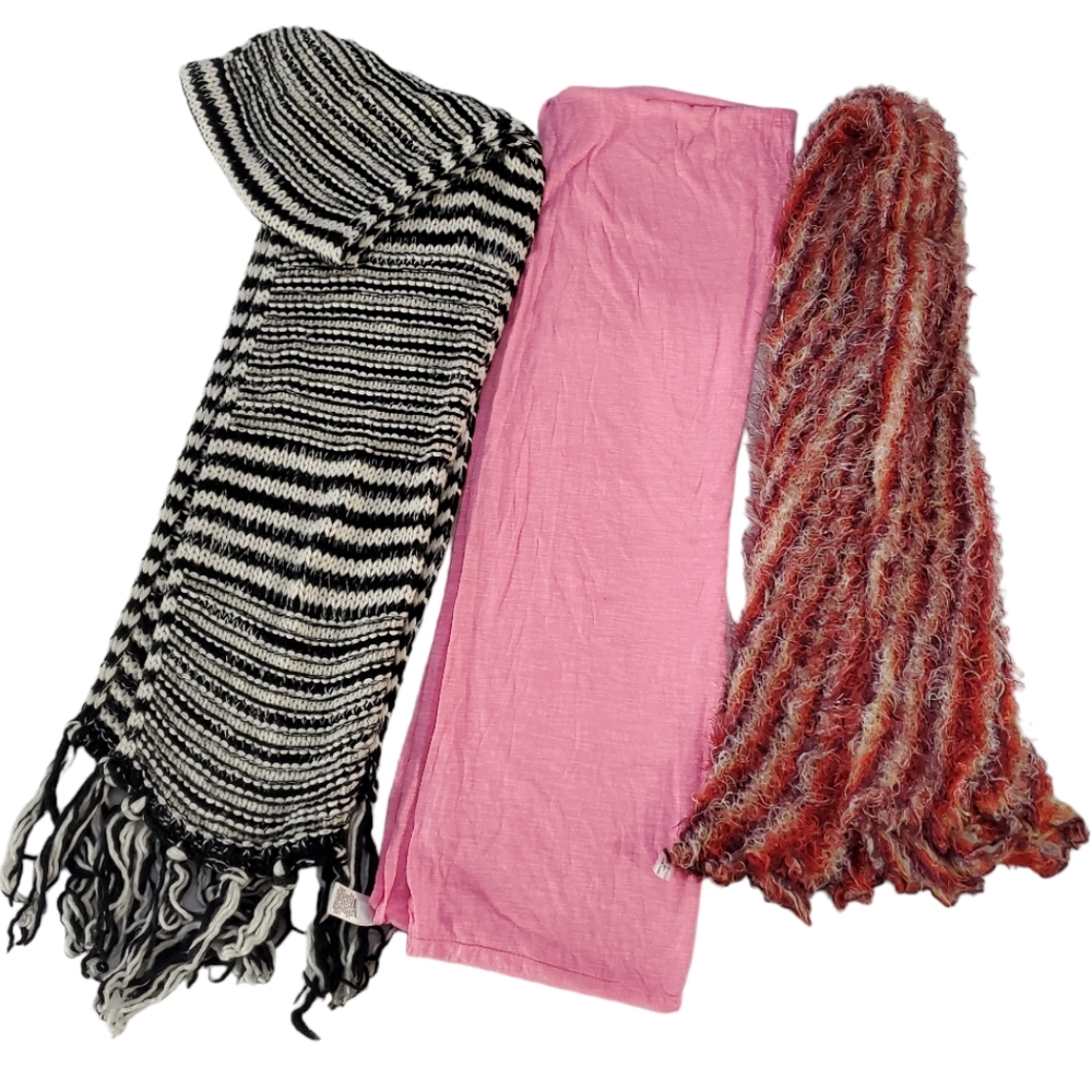 3pcs Scarf Bundle/ Vintage Fussy Tube, Pink Loop, Black and White Fringe Knit
